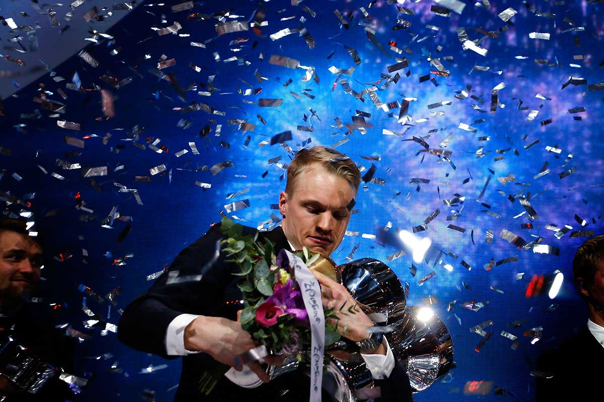 A photograph of Iivo Niskanen at the Finnish Sports Gala in , a Finnish cross-country skier known for his dedication, strong work ethic, and mastery of classic skiing technique, representing national pride for Finland.