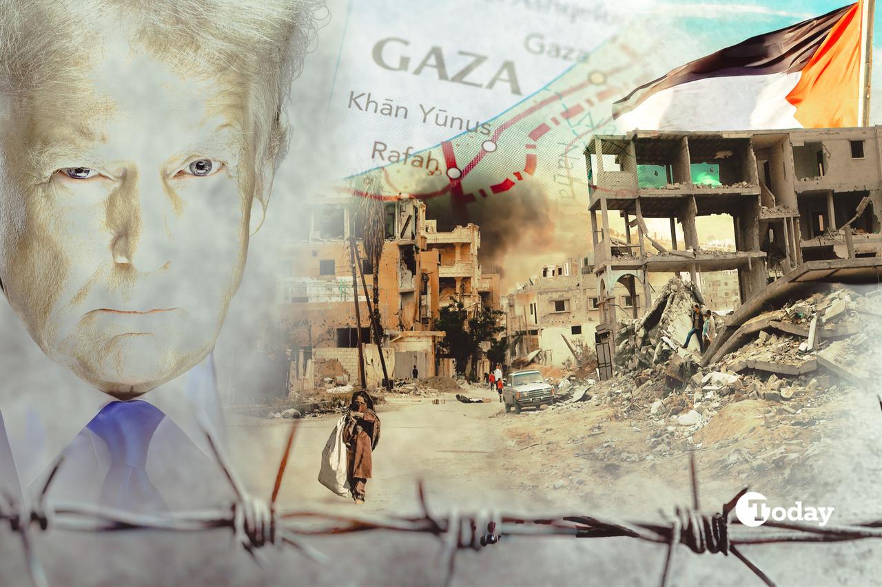 The collage shows destroyed buildings along with US President Donald Trump and a map showing Gaza. (Collage by Zehra Kurtulus / Türkiye Today)