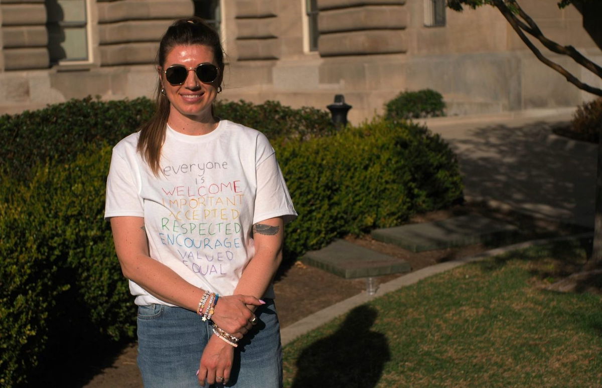 Sarah Inama stands for a portrait after speaking at an “Everyone is Welcome Here” rally at the Idaho Statehouse.