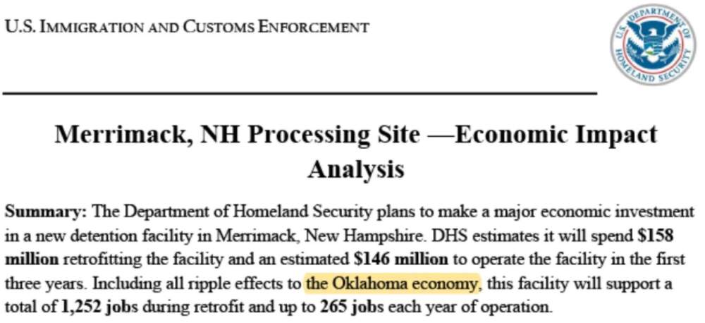 A Department of Homeland Security document outlining the economic benefits of an ICE facility in Merrimack, New Hampshire repeatedly refers to Oklahoma. (Screenshot)
