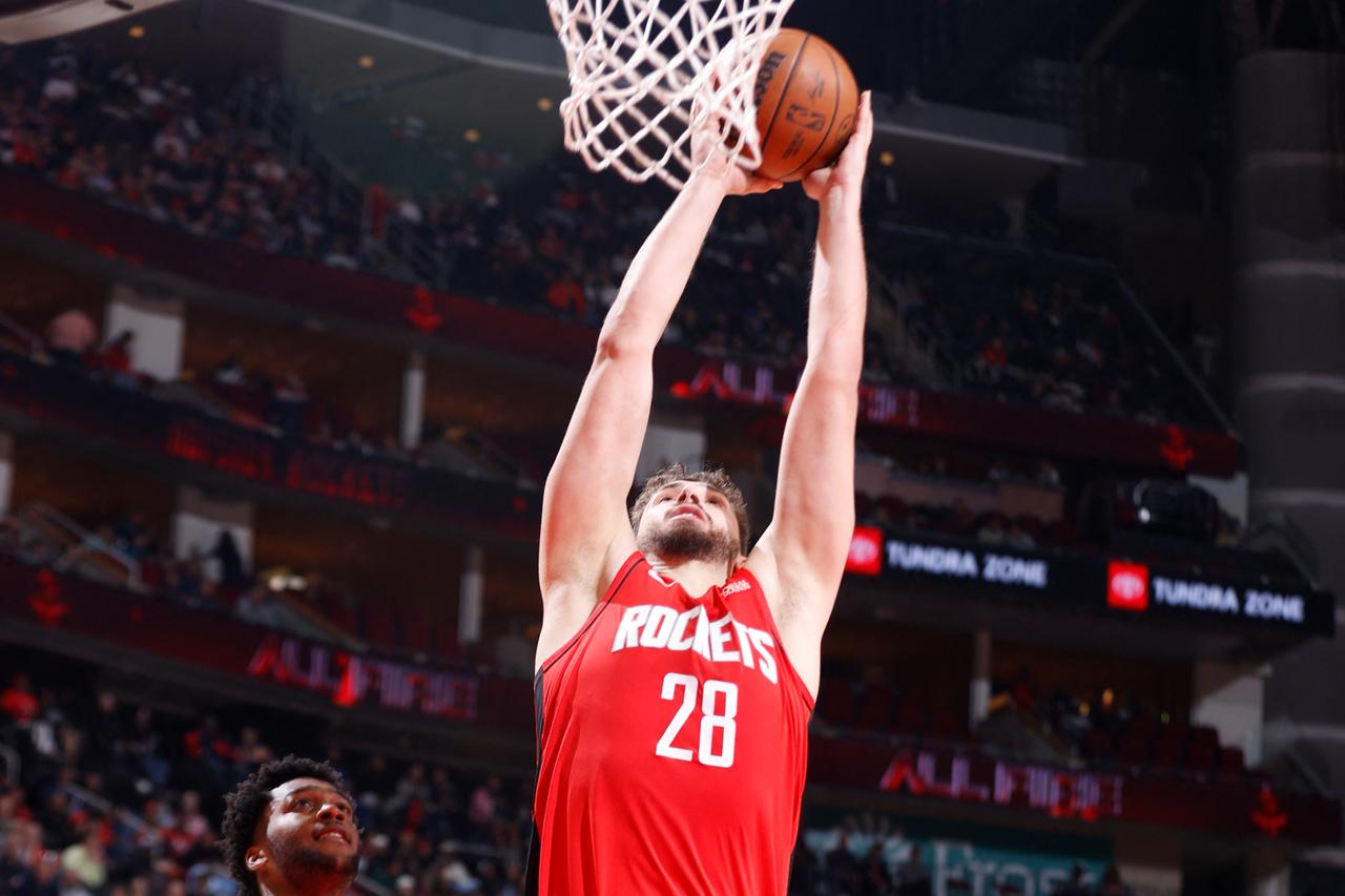 Alperen Sengun #28 of the Houston Rockets dunks the ball during the game against the Utah Jazz at the Toyota Center in Houston, Texas, US, Feb. 23, 2026. (AFP Photo)