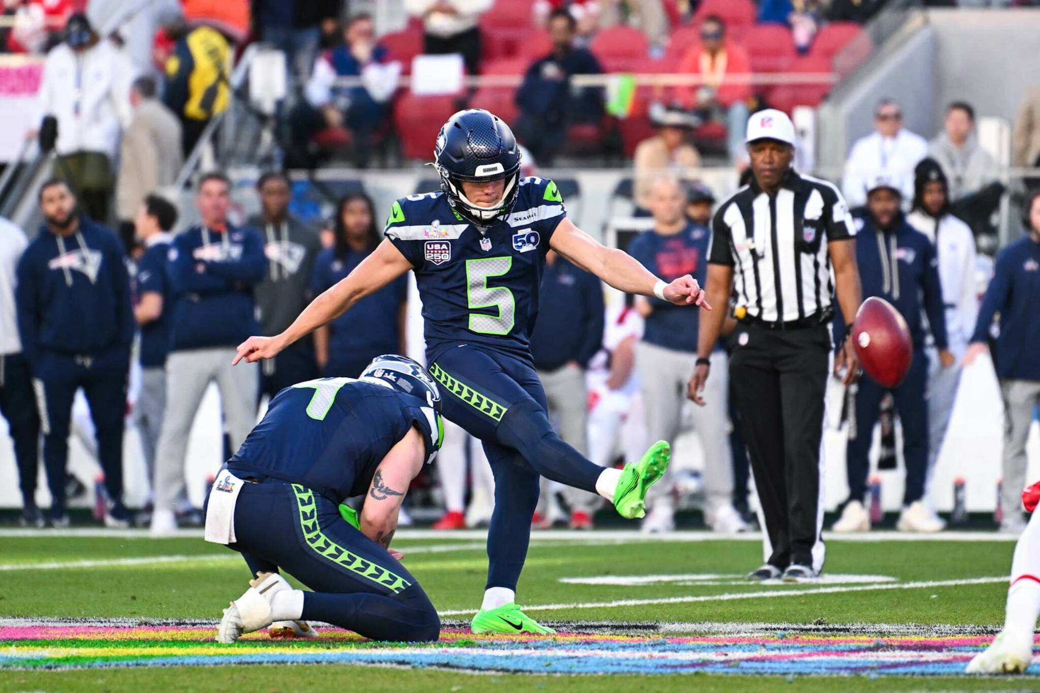 Seattle Seahawks kicker Jason Myers boots one of his five field goals against the New England Patriots in Super Bowl LX on Sunday, Feb. 8, 2026 at Levi's Stadium in Santa Clara, California. (Photo courtesy of the Seattle Seahawks)