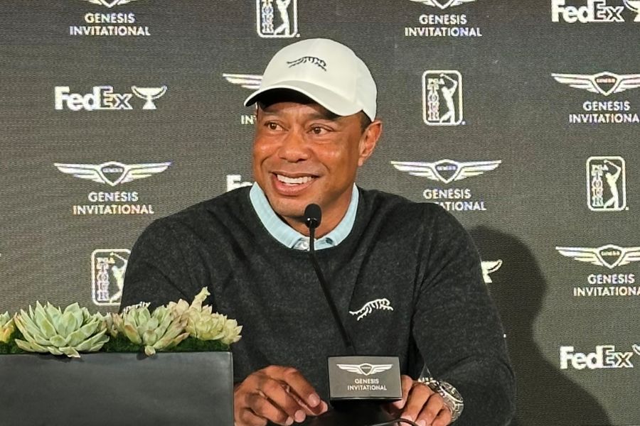 Tiger Woods speaks to the media at Riviera Country Club in Los Angeles, Tuesday, Feb. 17, 2026, ahead of the Genesis Invitational, where he is the tournament host. (AP Photo/Doug Ferguson)