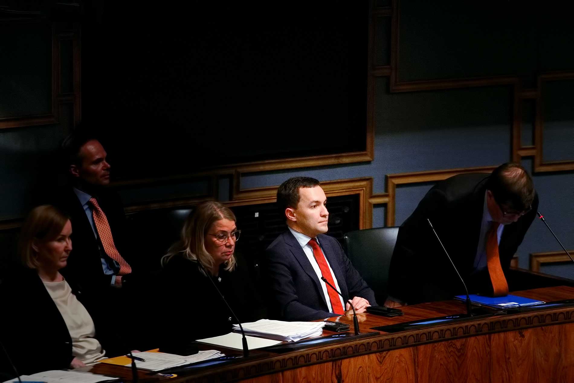 A group of people seated in a plenary session in 2024. Kaisa Juuso, a member of the Finns Party, is visible on the left. Wille Rydman, also from the Finns Party and serving as minister of economic affairs, is fourth from the left. Photo by Tony Öhberg/Finland Today.