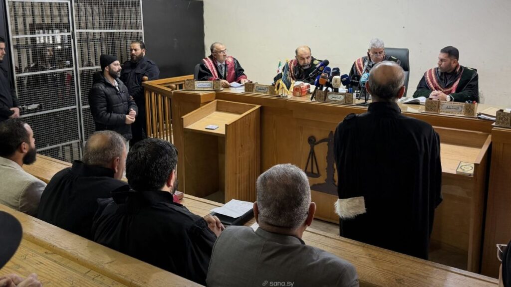 Judges, relatives of victims, and defendants in the coastal events during the second trial session at the Palace of Justice in Aleppo, December 18, 2025 (SANA)