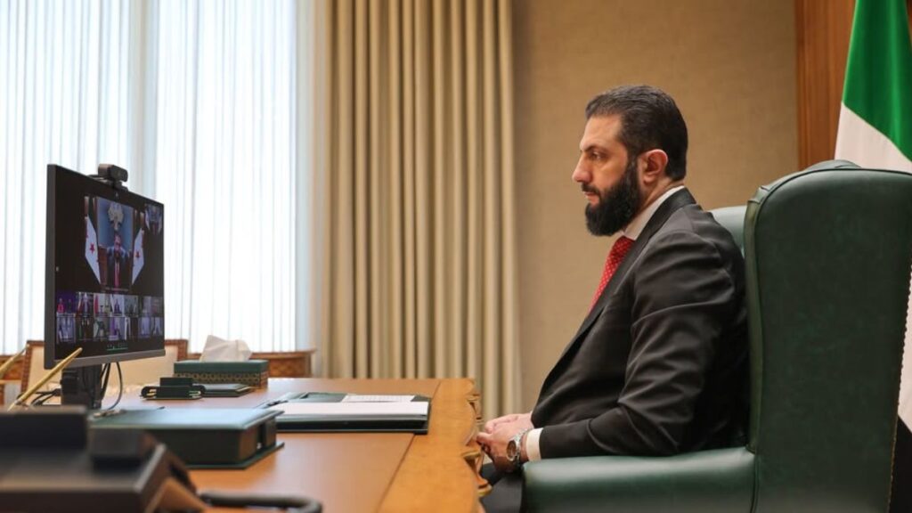 Syrian President Ahmed al-Sharaa during a video conference meeting with several Middle Eastern leaders, 9 March 2026 (Syrian Presidency)