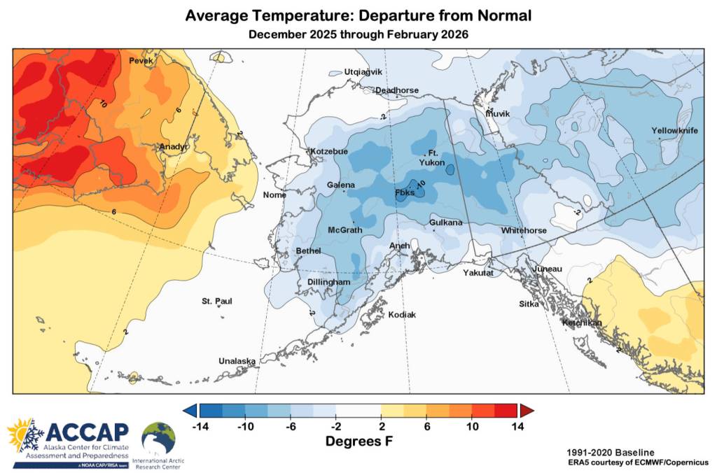 Rick Thoman of the Alaska Center for Climate Assessment and Preparedness created this Alaska-centric graphic of how cold Alaska has been compared to long-term records. Note that the bulls-eye of cold is exactly over our town, he wrote. Photo courtesy Rick Thoman