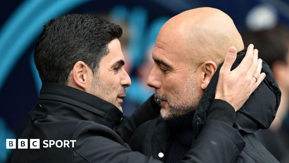 Arsenal manager Mikel Arteta embracing Manchester City boss Pep Guardiola