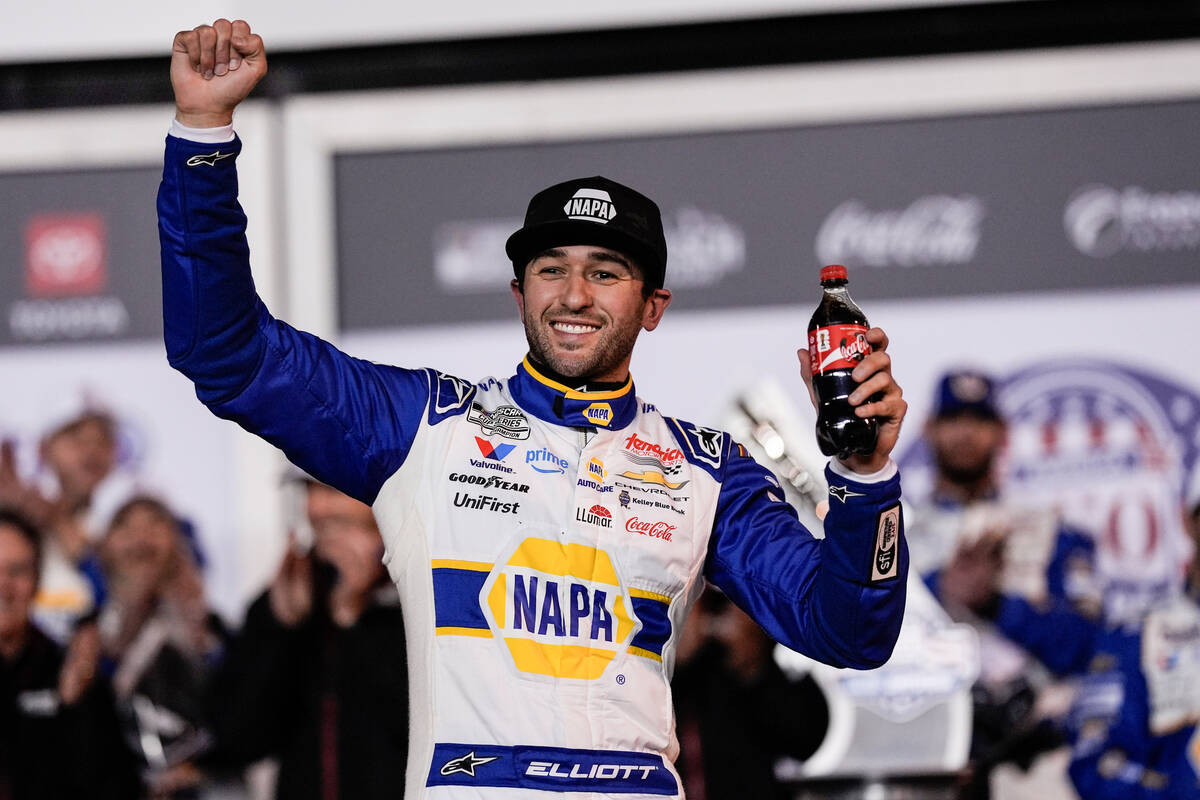 Chase Elliott celebrates winning the second of two NASCAR Daytona 500 qualifying auto races at ...