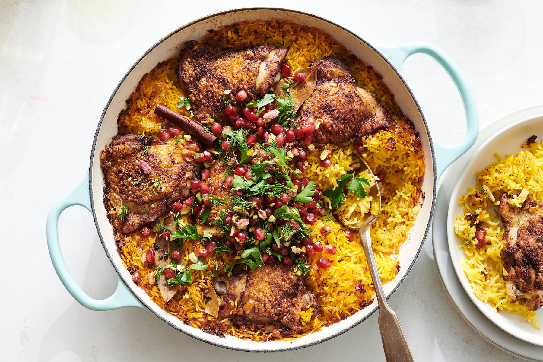 Chicken and saffron rice with pomegranate salsa