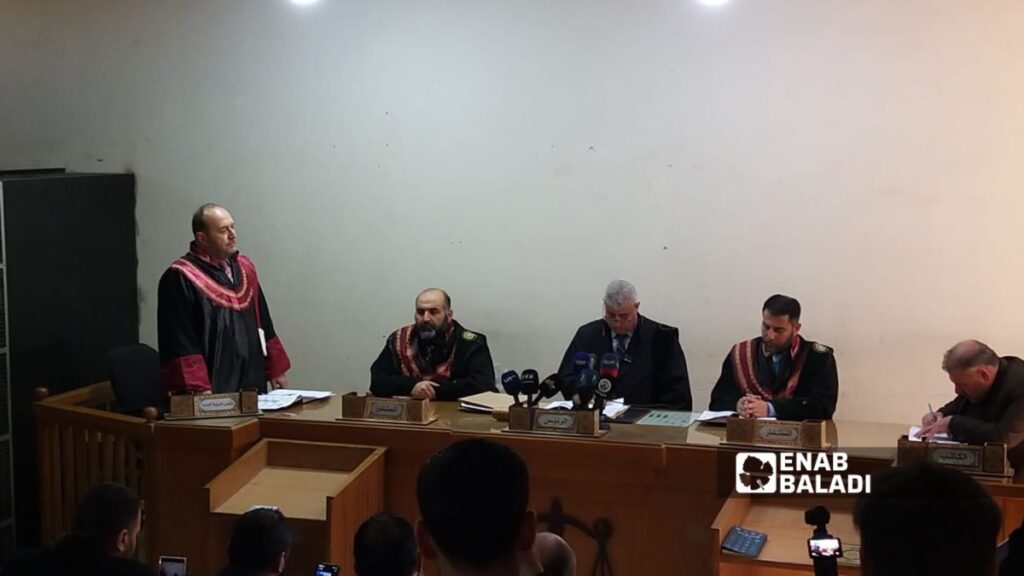 Members of the Criminal Court in Aleppo during the trial related to the coastal events, March 8, 2026 (Enab Baladi)