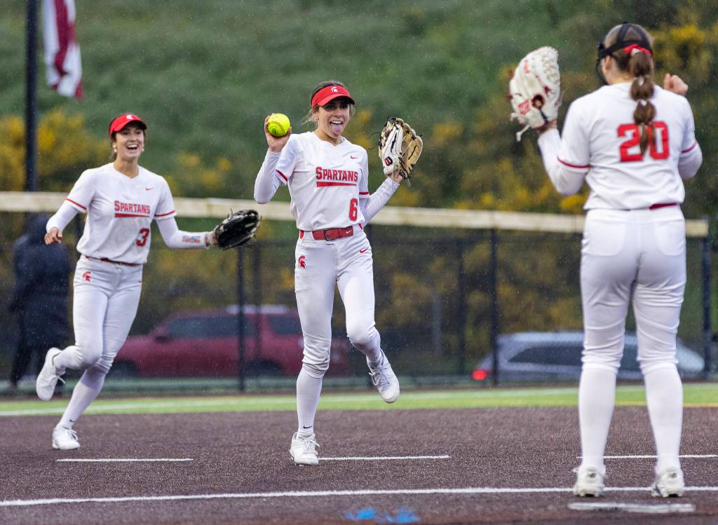 Stanwood’s Jemma Lopez reacts to making a catch for an out during the 3A District 1 championship game against Sedro-Woolley on Thursday, May 15, 2025 in Everett, Washington. (Olivia Vanni / The Herald)