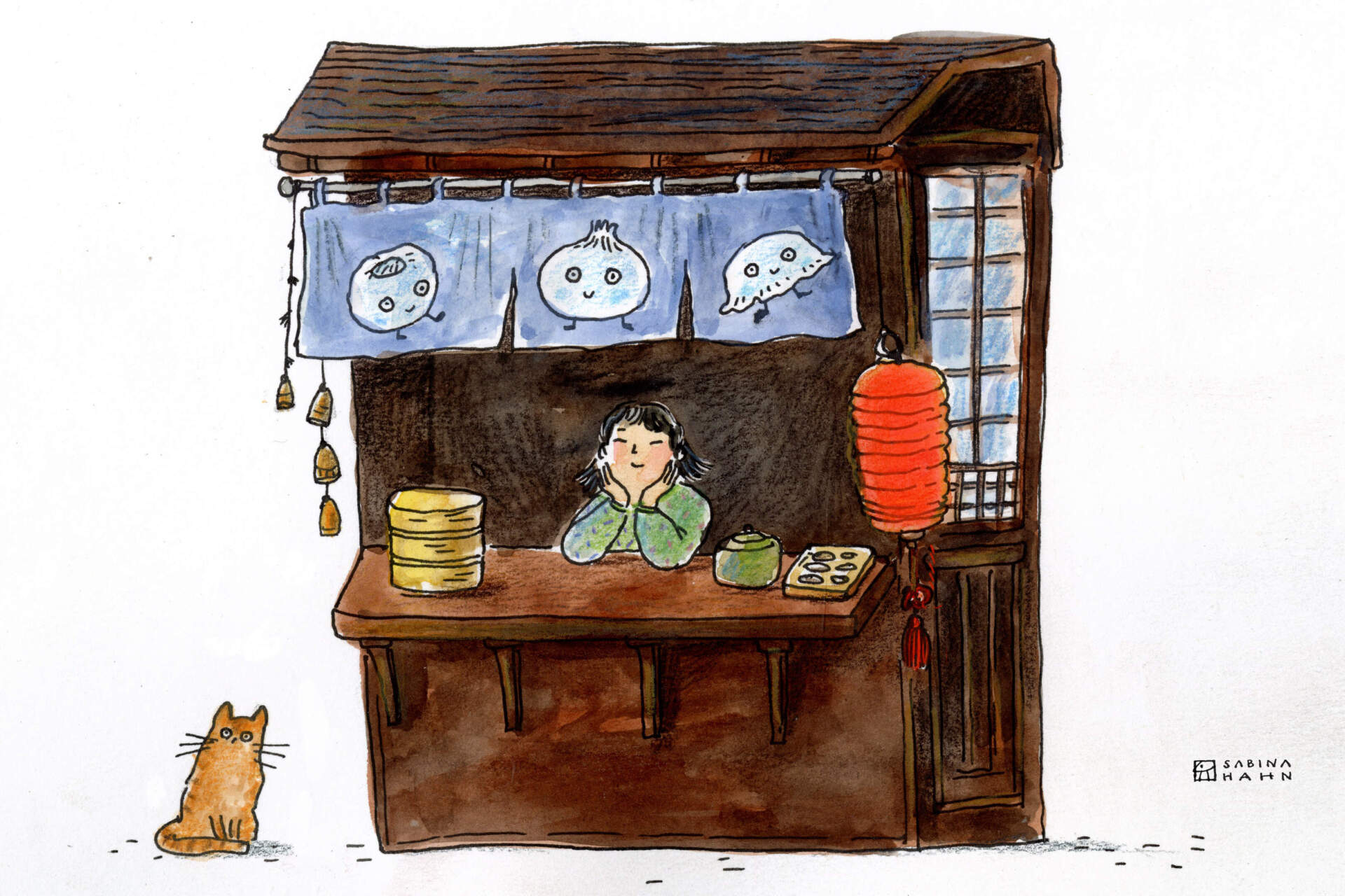 A dumpling seller and a cat. (Sabina Hahn for WBUR)