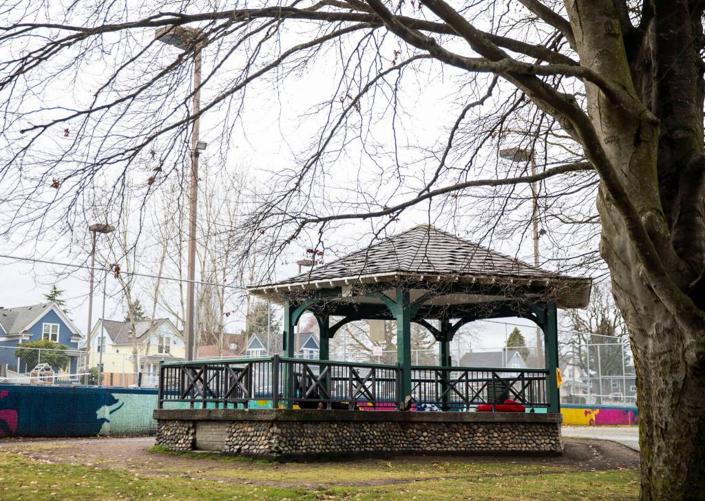 Clark Park gazebo on January 2024 in Everett. (Olivia Vanni / The Herald)