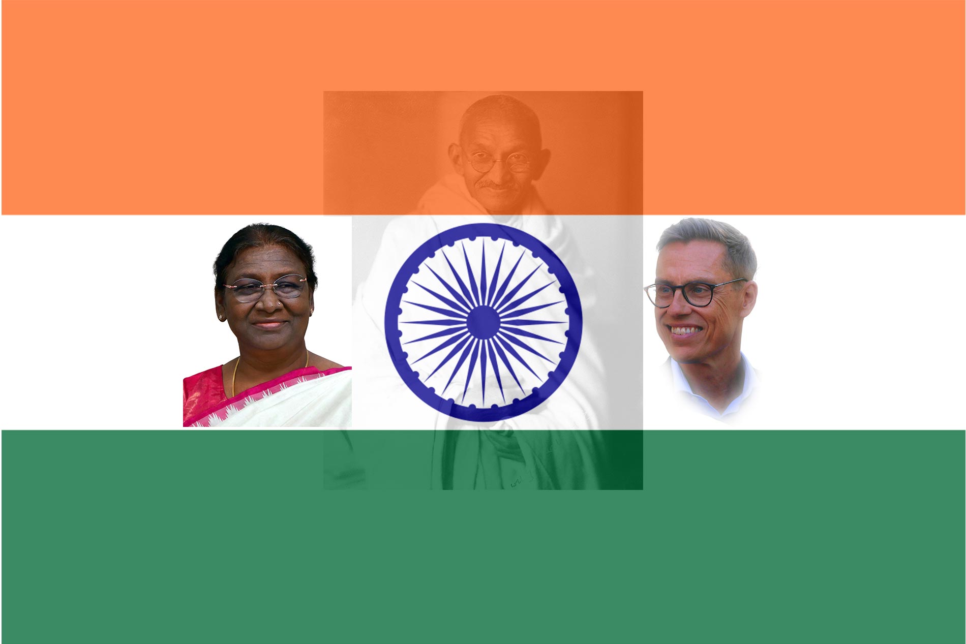A photo-illustration showing President Alexander Stubb, who is scheduled to meet with Indian President Droupadi Murmu and other leaders during his visit to India. He will deliver an opening address at a major event and pay tribute at the Mahatma Gandhi Memorial in New Delhi. Image credit: Tony Öhberg/Finland Today.