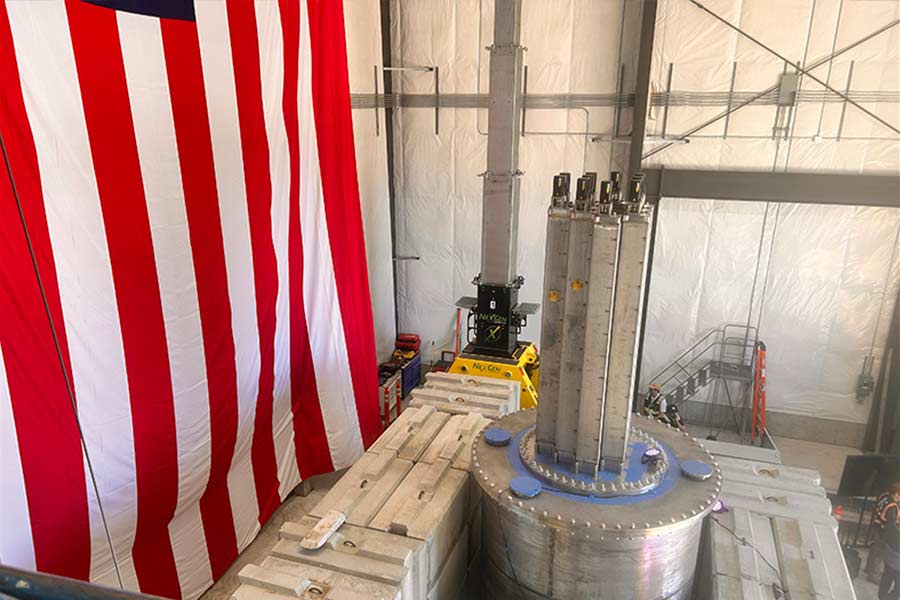 The American flag hanging behind the newly-built reactor inside the INL's Materials and Fuels Complex