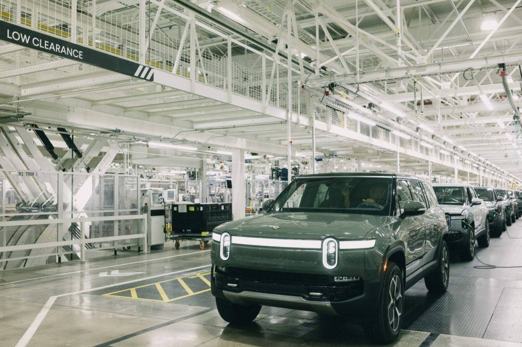 Rivian vehicles lined up at one of the company’s manufacturing facilities. (Photo courtesy of Rivian)
