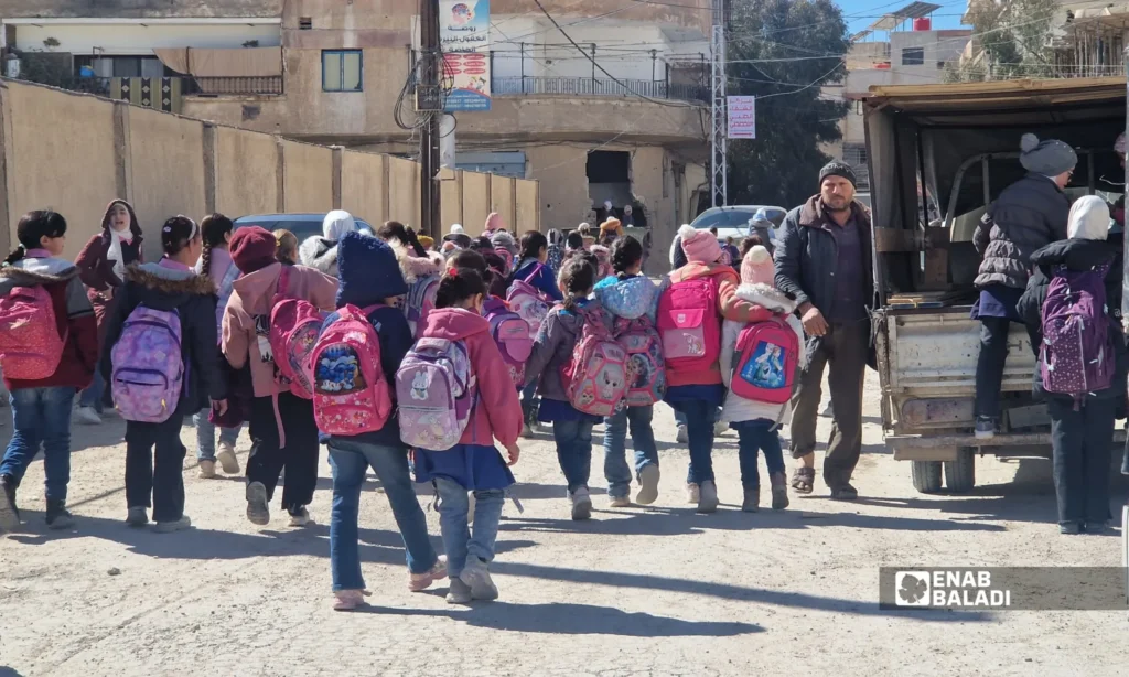 Students head to a school in the city of Darayya, February 26, 2026 (Enab Baladi, Saeed Khoshfeh)