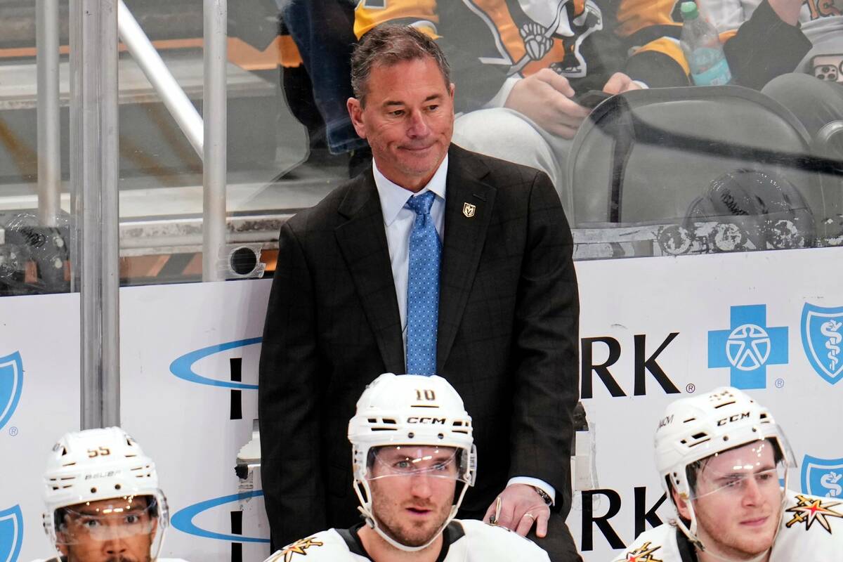 Vegas Golden Knights head coach Bruce Cassidy stands behind his bench during the third period o ...