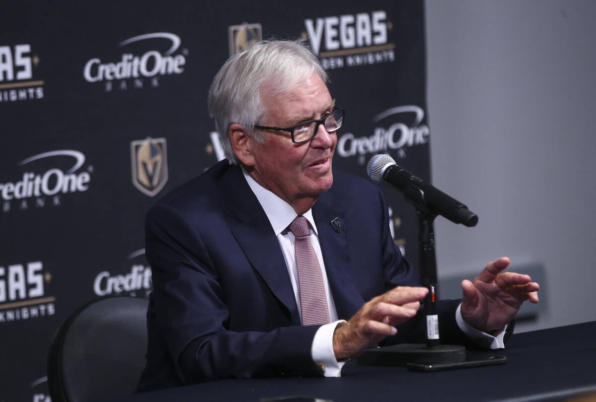 Vegas Golden Knights owner Bill Foley speaks between periods as his team plays the Arizona Coyo ...