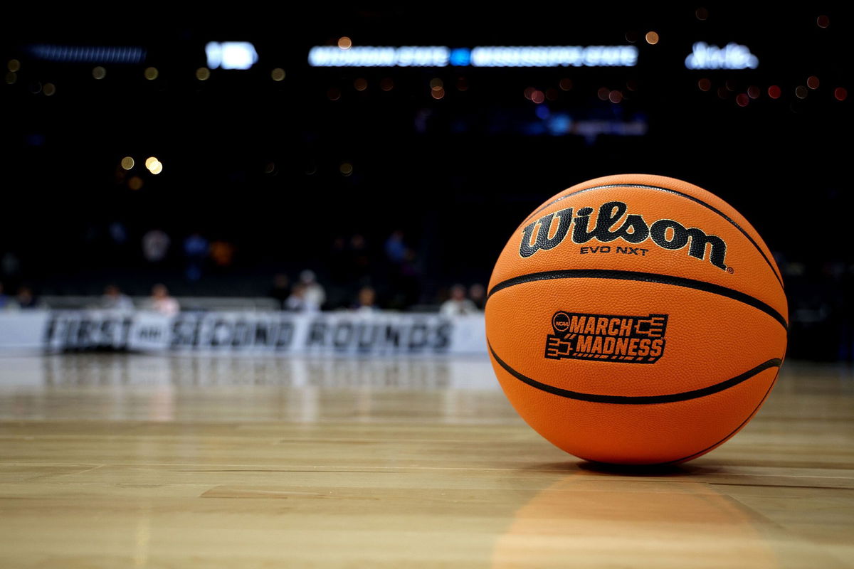 Jared C. Tilton/Getty Images via CNN NewsourceA ball is shown on the court ahead of the 2024 NCAA Tournament. The brackets for the 2026 tournament were revealed on Sunday.