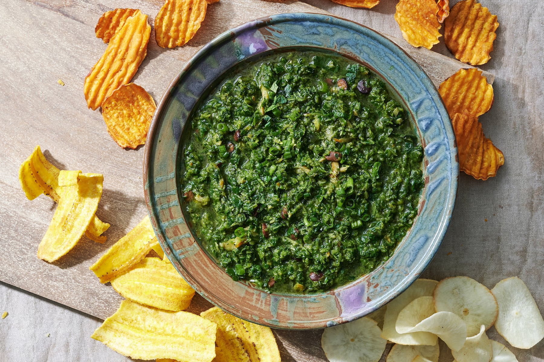 Liberian stewed greens dip with plantain chips