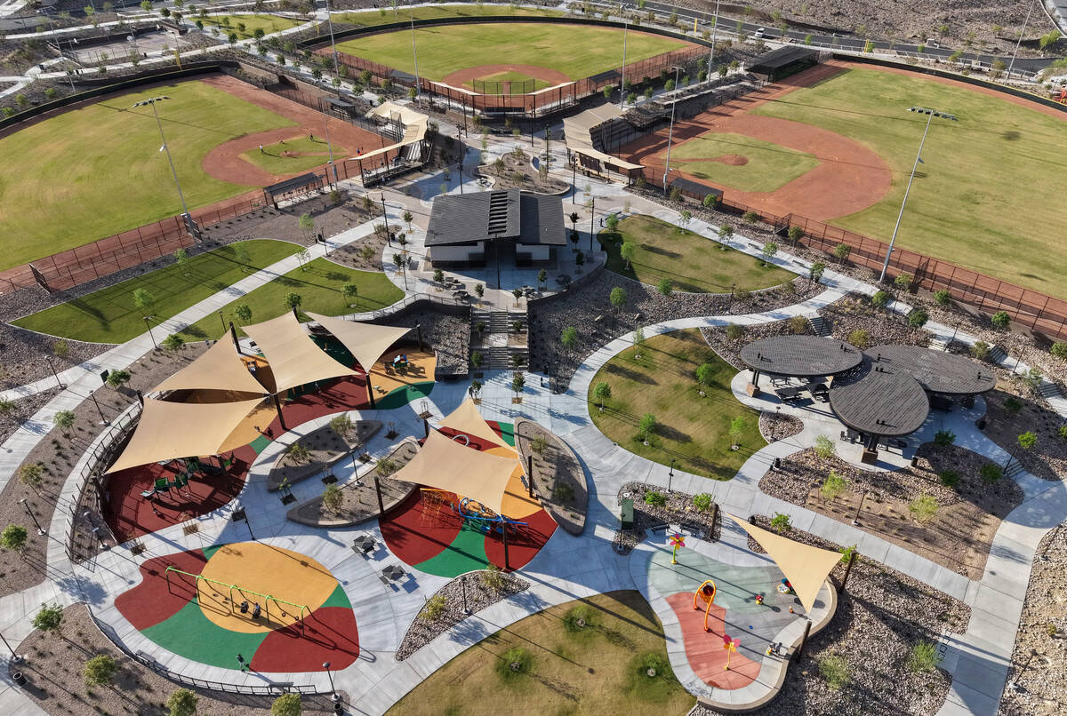 Baseball fields and playgrounds are seen at Grand Park in Summerlin on Thursday, March 26, 2026 ...