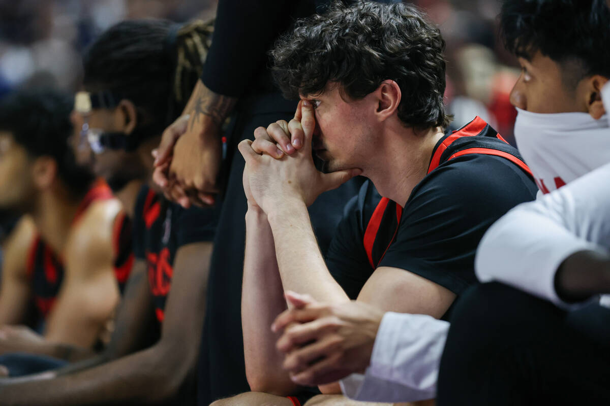 San Diego State guard Cam Lawin (7) watches the last few moments of the Mountain West Conferenc ...