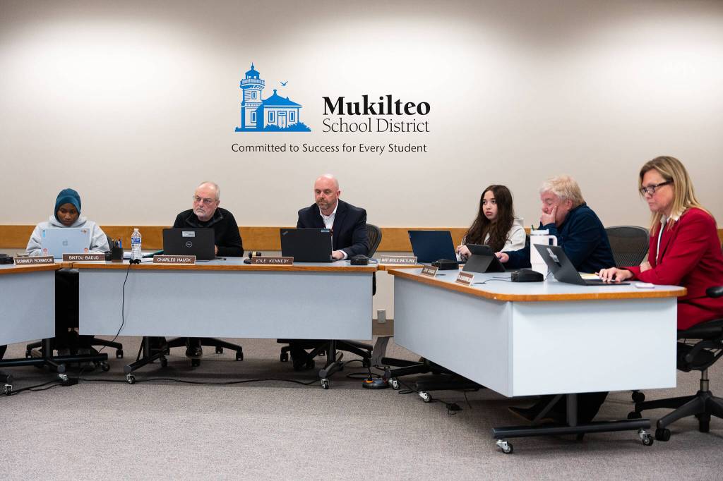 Members of the Mukilteo School District Board of Directors at a school board meeting Tuesday, March 10, 2026 in Everett, Washington. (Will Geschke / The Herald)