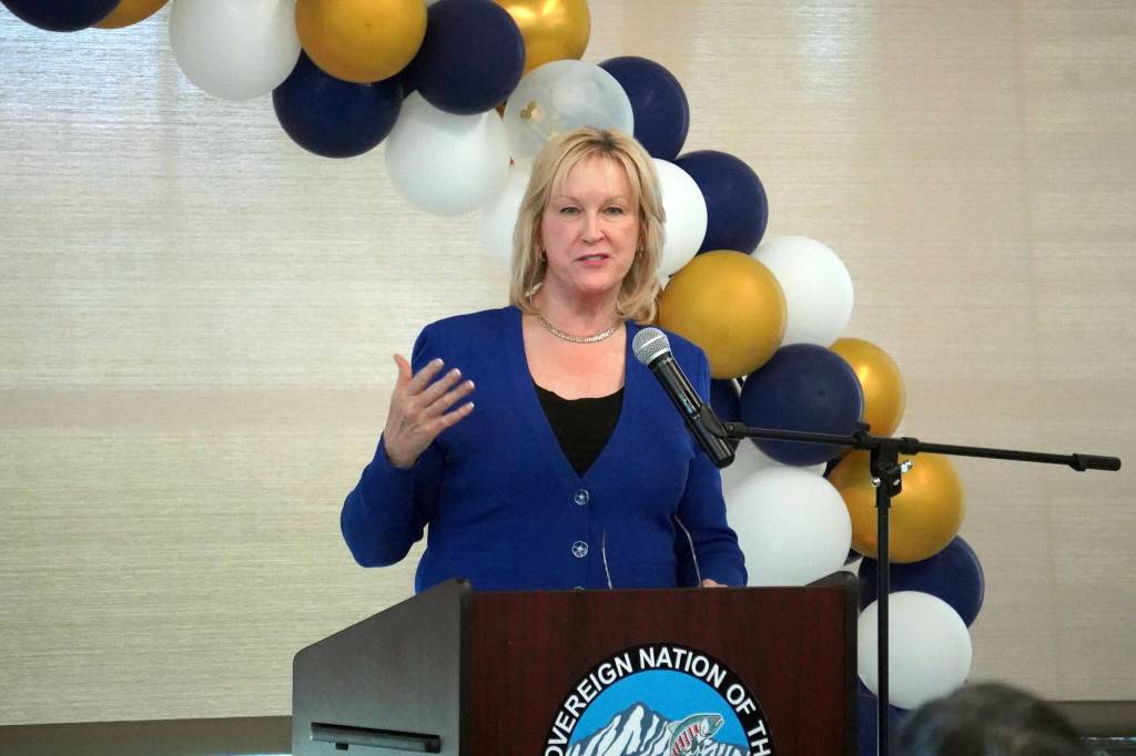 Alaska Lieutenant Governor Nancy Dahlstrom speaks during a celebration of the 10th anniversary of the Denaina Wellness Center in Kenai, Alaska, on Friday, July 12, 2024. (Jake Dye/Peninsula Clarion)
