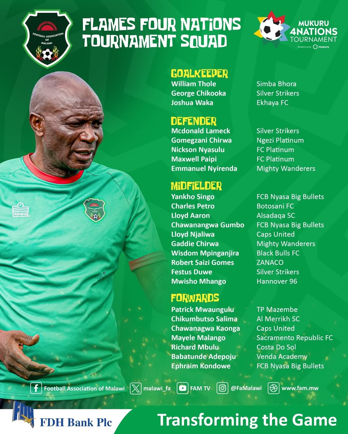 Pasuwa names final Flames squad for four nations tournament | Malawi 24