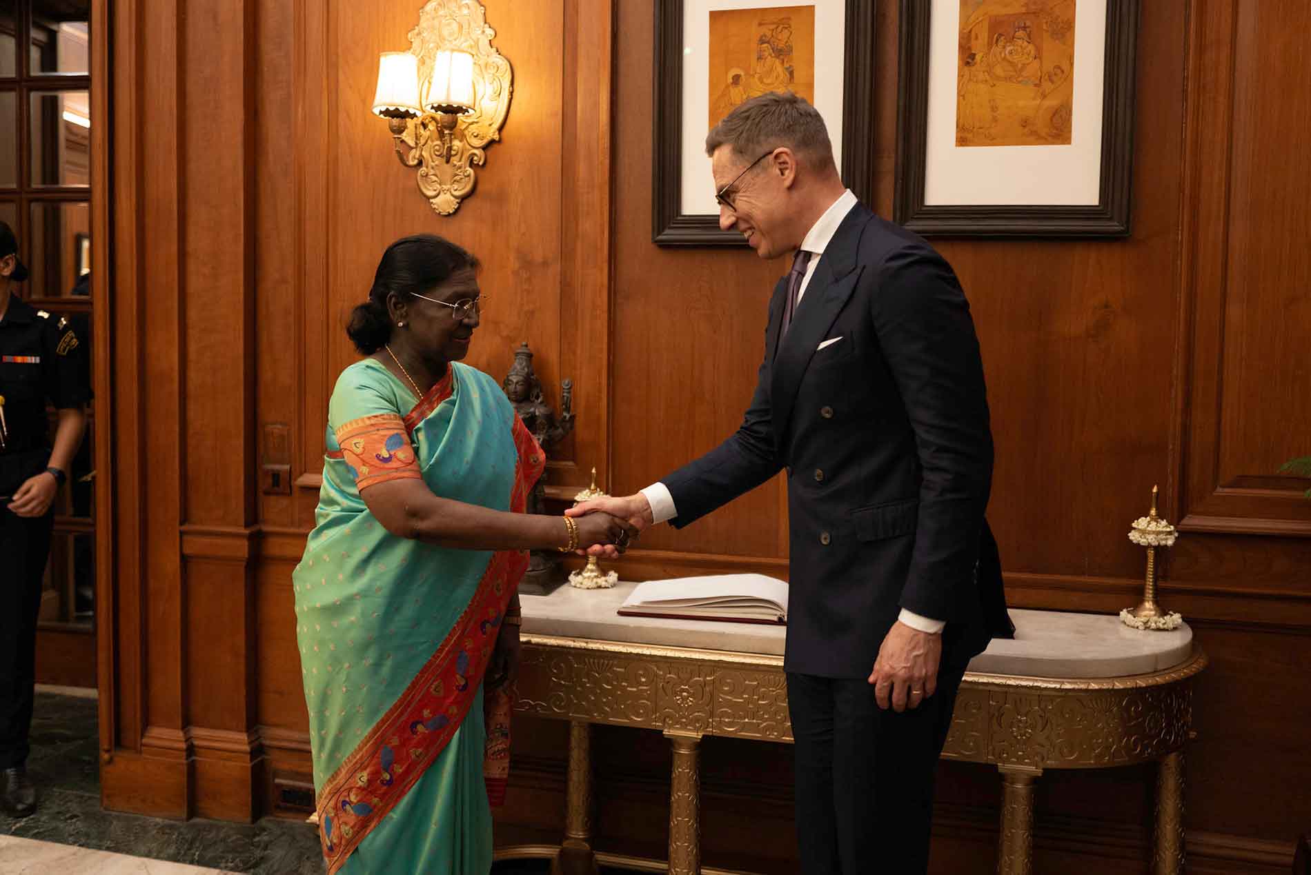 President Alexander Stubb meets with President Smt. Droupadi Murmu of India, in New Delhi on March 5, 2026. The photograph is credited to Mari-Kaisa Brander from the Finnish president