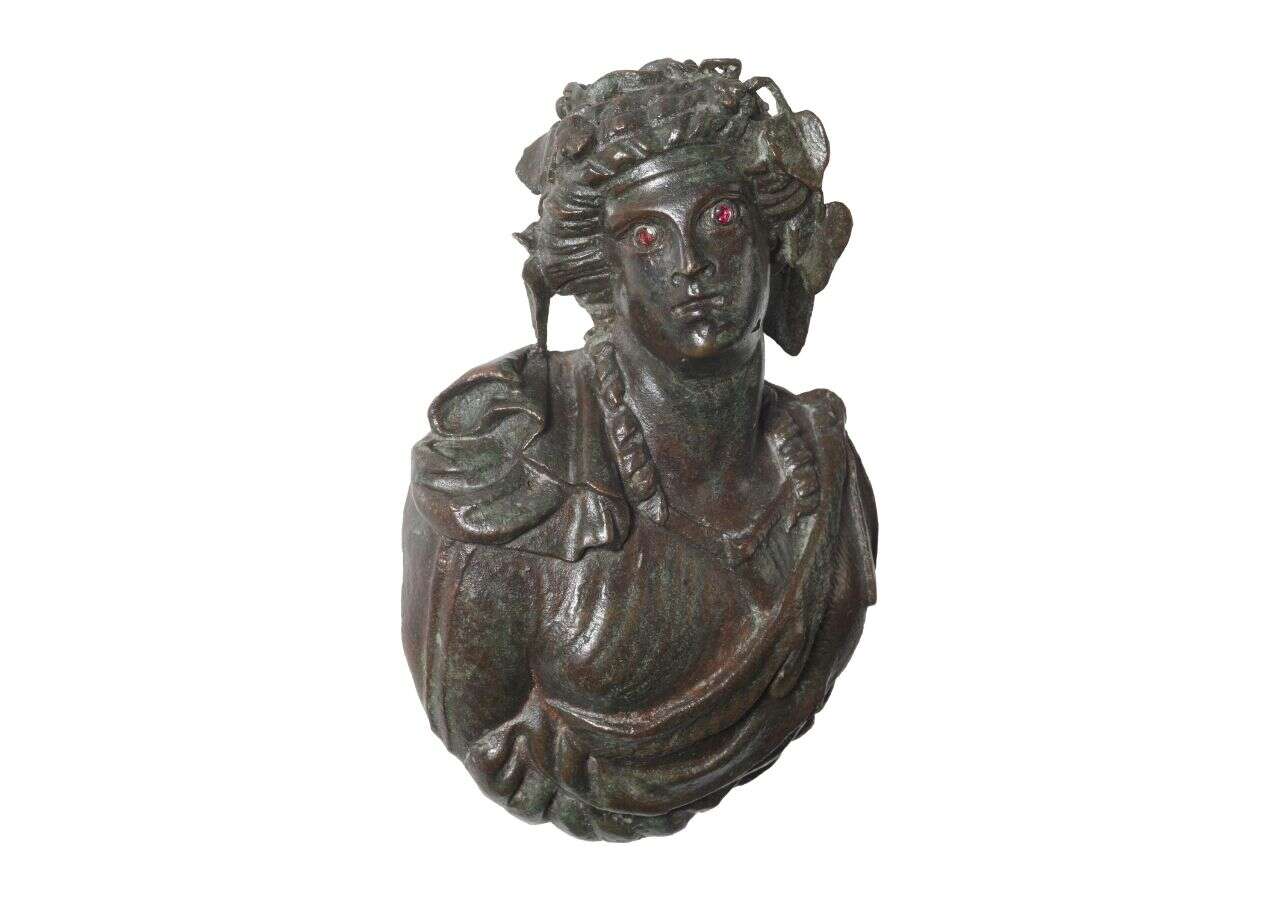 Front view of the bronze bust of the maenad from St. Andrä near Brixen, Southern Tyrol