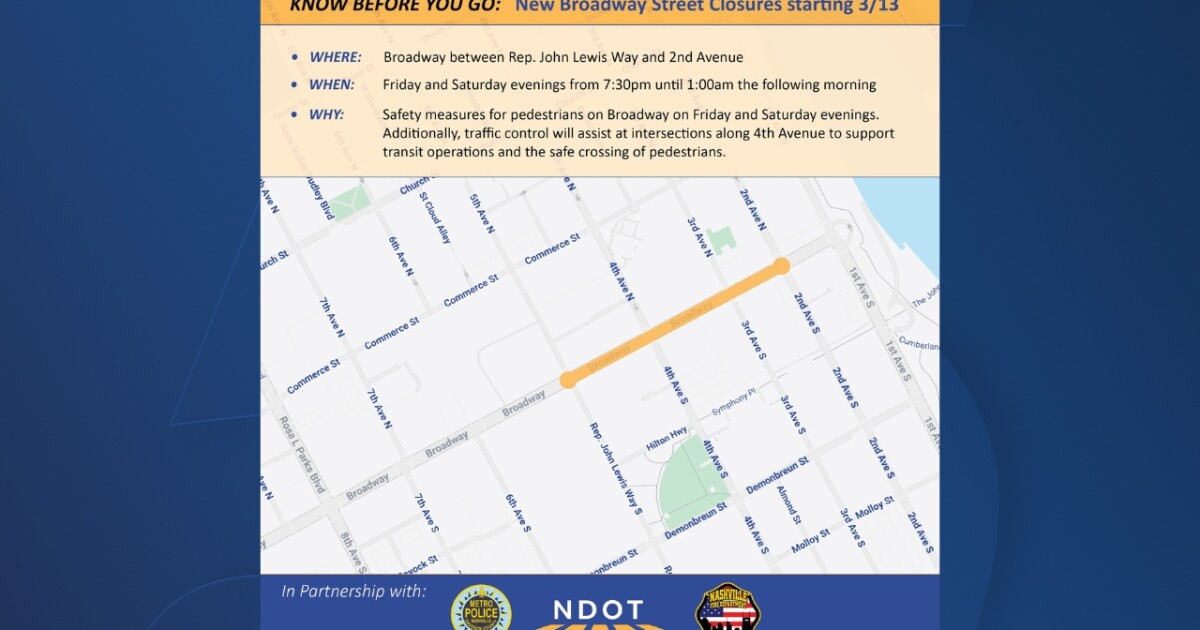 Section of Broadway closing Friday and Saturday nights
