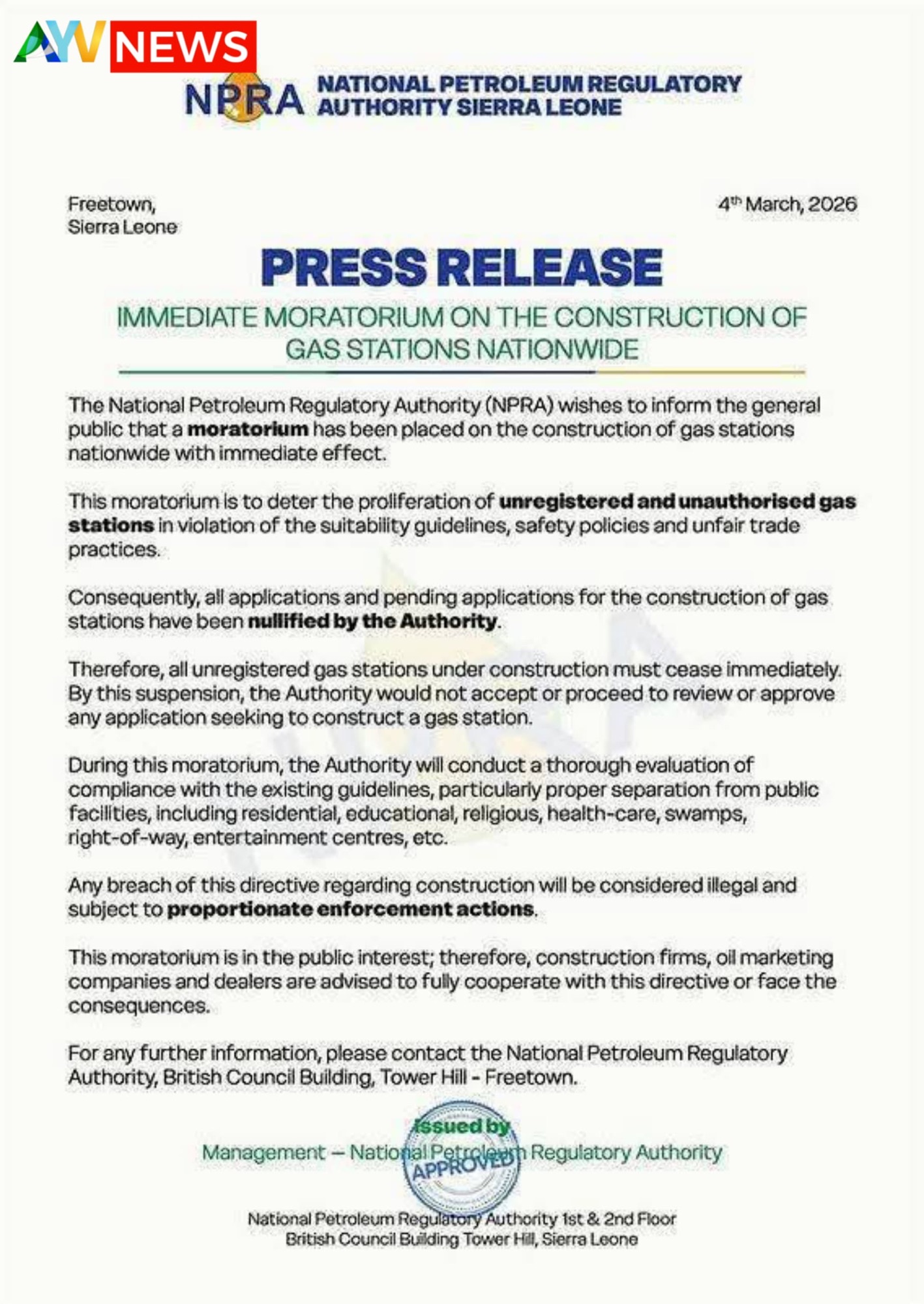 Sierra Leone suspends Gas Station construction approvals amid safety concerns