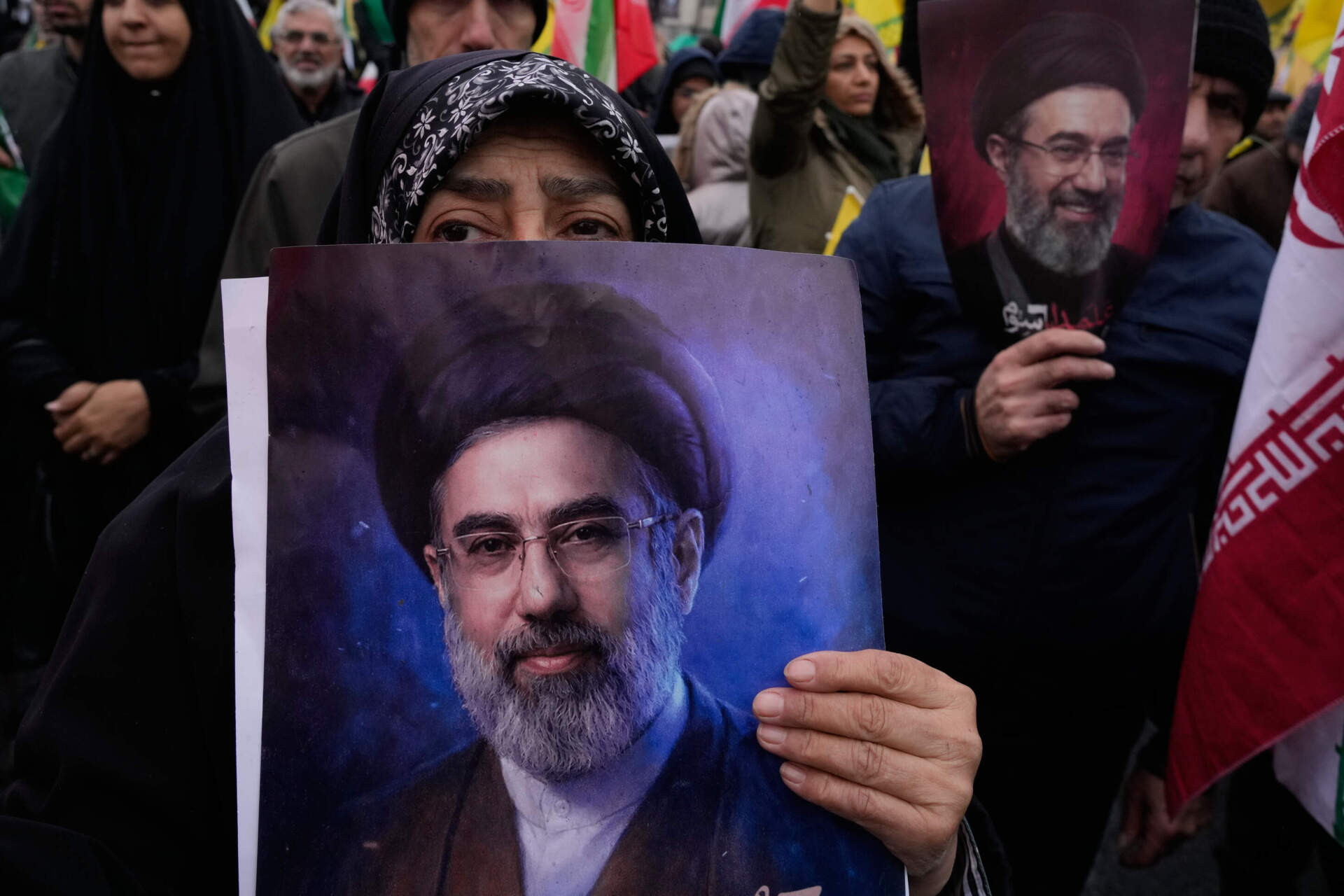 Demonstrators hold posters of the Iranian Supreme Leader Ayatollah Mojtaba Khamenei during the annual Quds Day, or Jerusalem Day, rally in support of Palestinians in Tehran, Iran, Friday, March 13, 2026. (Vahid Salemi/AP)