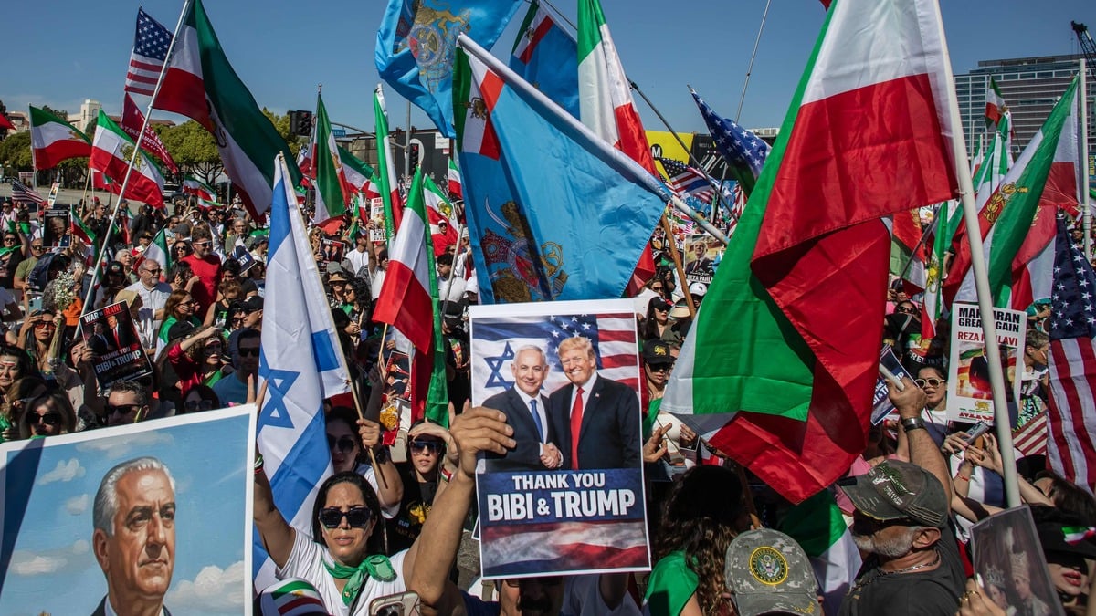 Members of the Iranian community celebrate in front of the Federal Building on March 1, 2026 in Los Angeles, California. U.S.