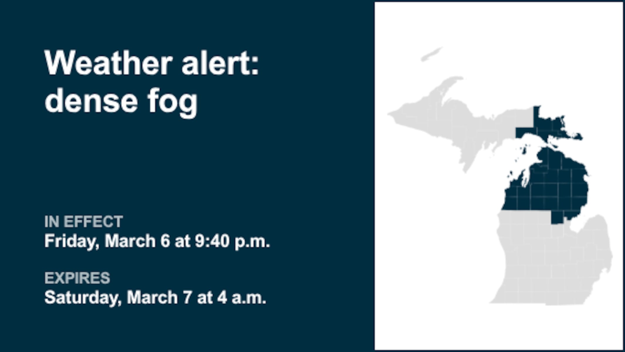 Weather alert issued for dense fog in 25 Michigan counties until early Saturday morning