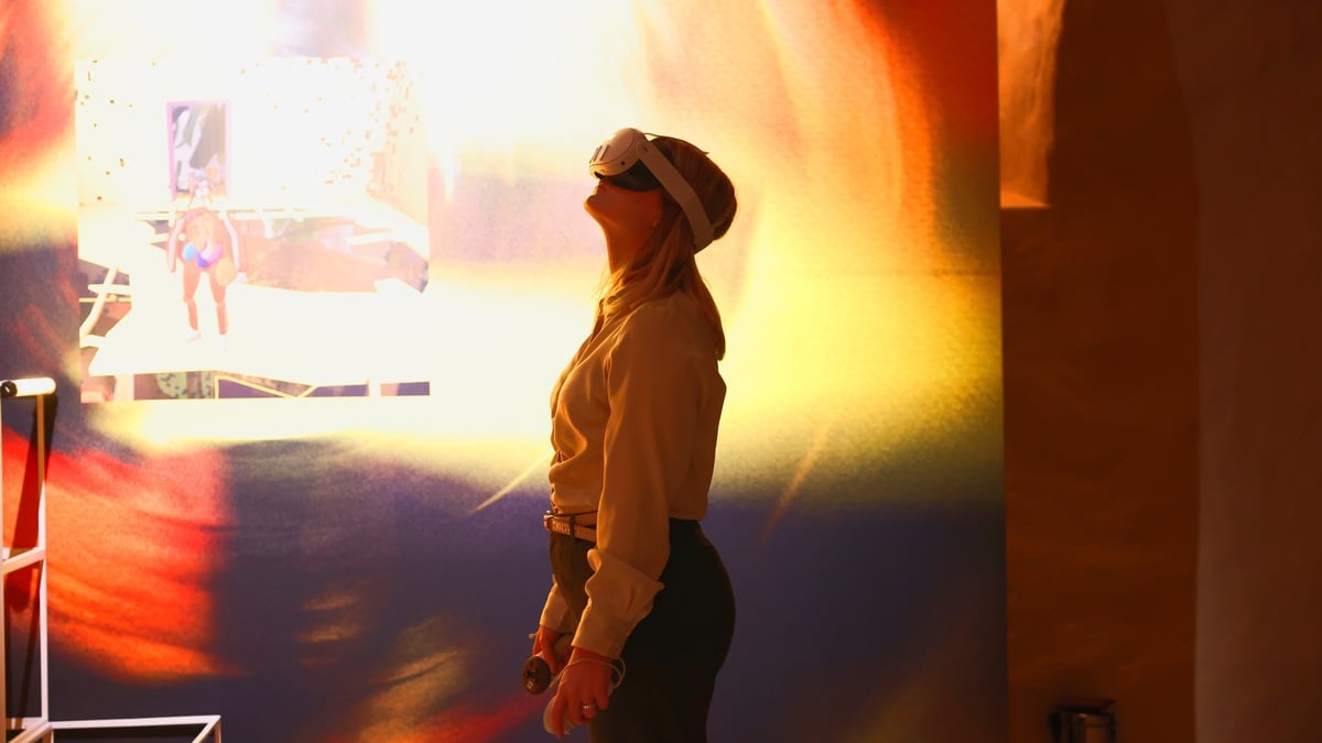 A woman tries the immersive pavillion at Neimenster, Luxembourg, 7 March 2025.