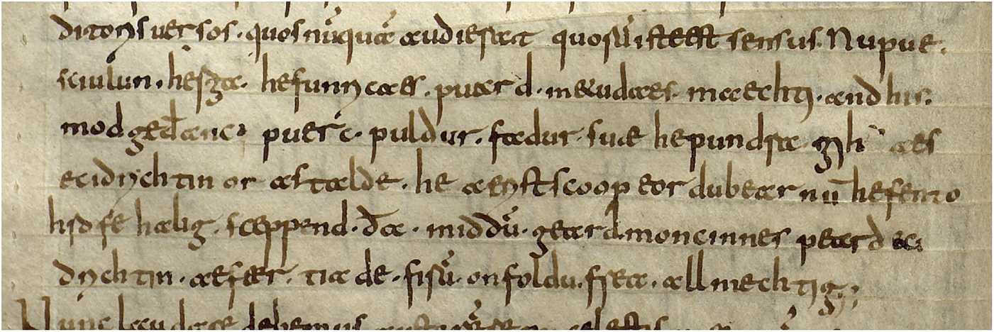 Manuscript detail showing lines of Caedmon’s Hymn, Rome