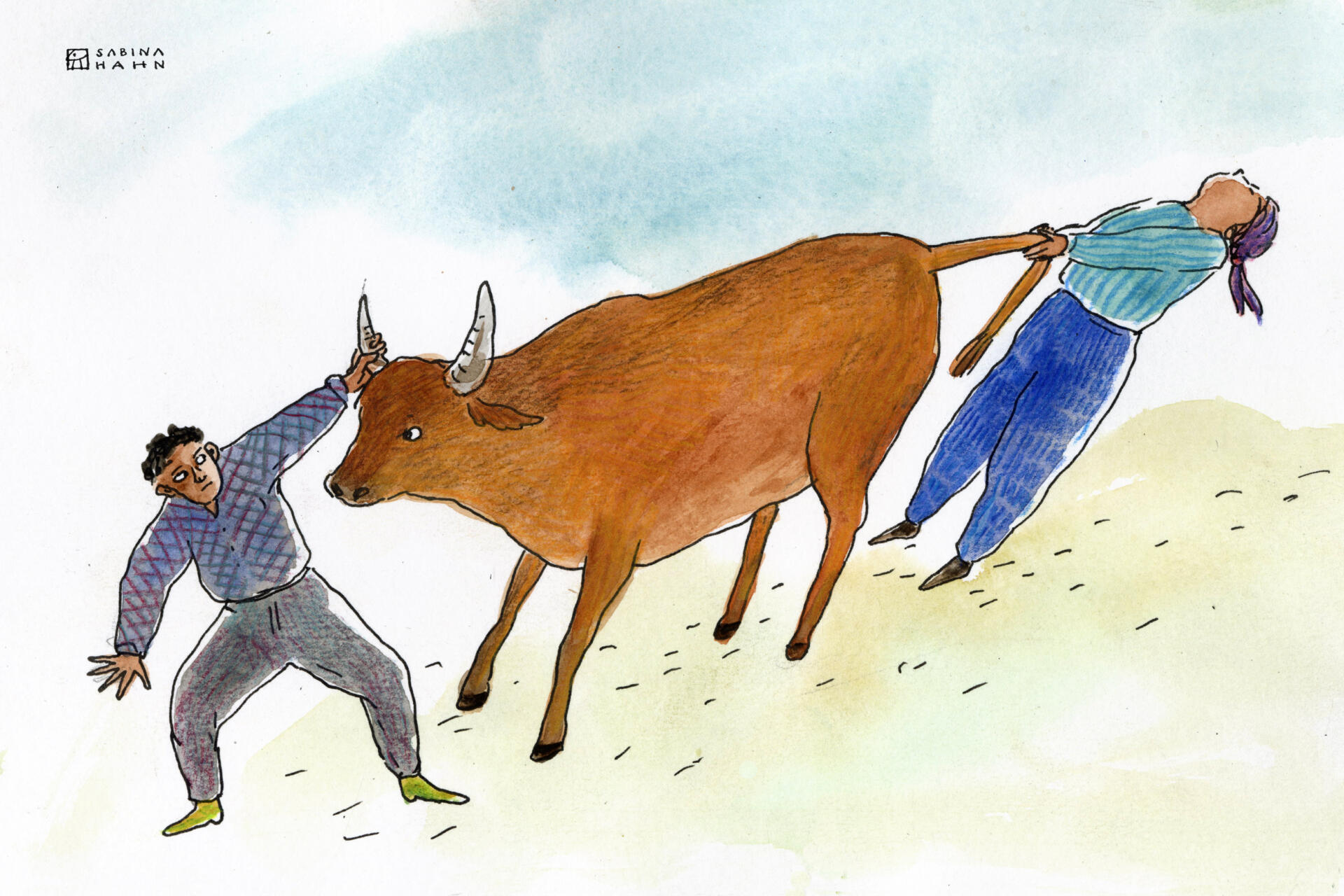 Two people fight over a bull. (Sabina Hahn for WBUR)