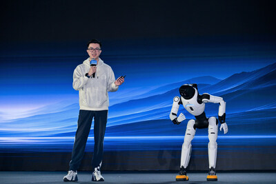 Peng Zhihui, Co-founder, President and CTO of AGIBOT, demonstrates interactive intelligence with AGIBOT X2