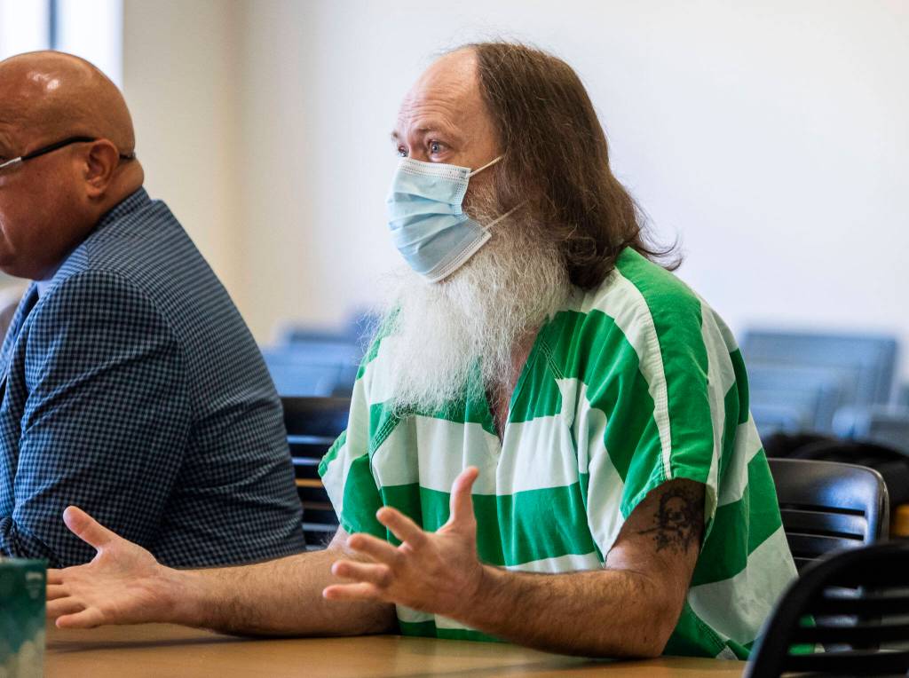 Mark Downey speaks at his sentencing at the Snohomish County Courthouse on Thursday, Nov. 17, 2022 in Everett, Washington. (Olivia Vanni / The Herald)