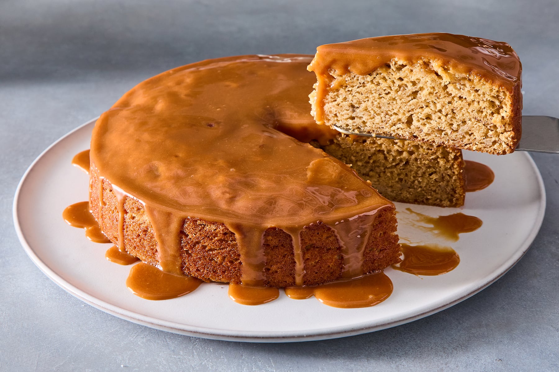 Banana cake with caramel glaze