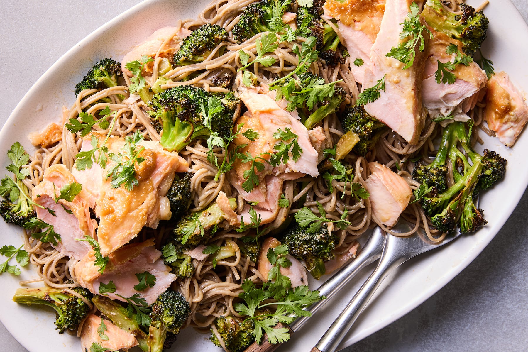 Charred broccoli and salmon noodle salad
