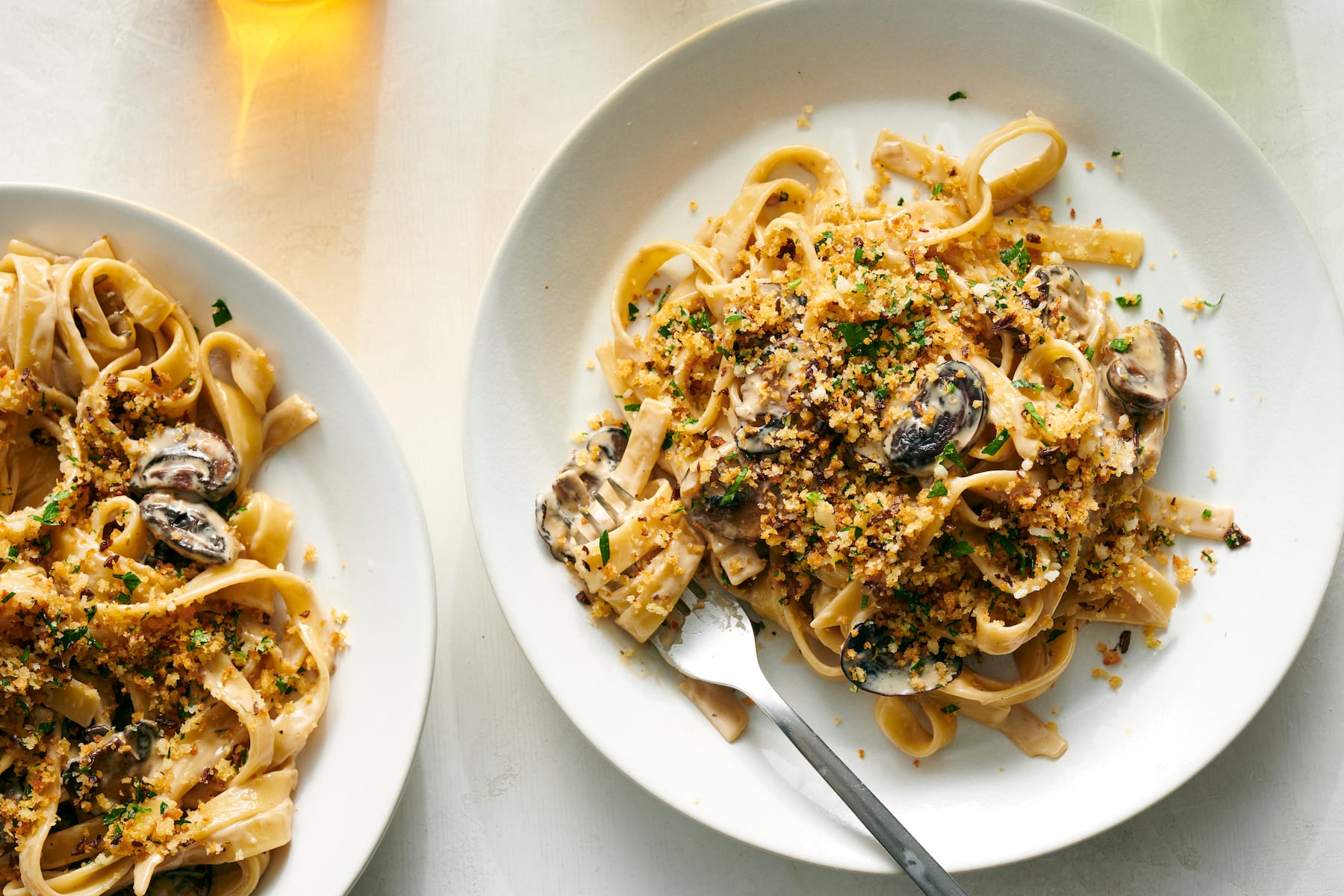 Creamy mushroom pasta with garlic crumbs