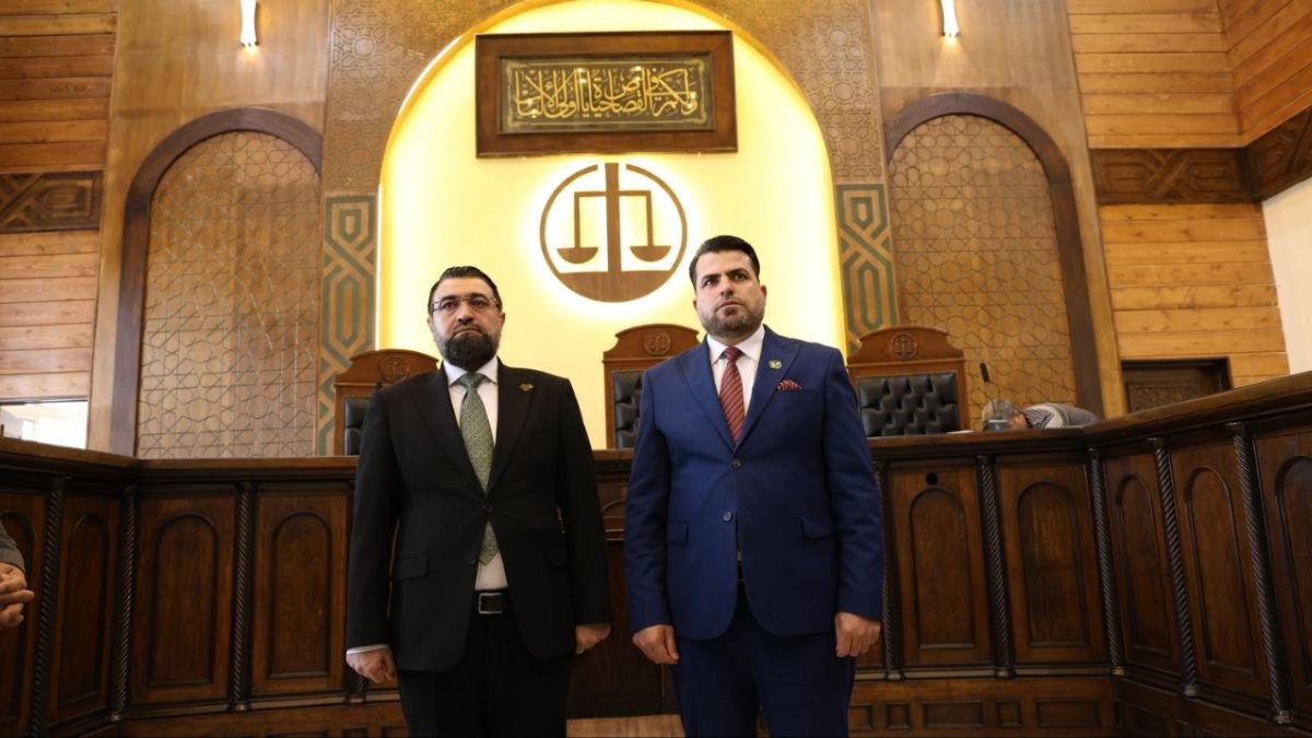 Syrian Minister of Justice Mazhar al-Wais and Damascus Attorney General Hussam Khattab inspect preparations at Criminal Court No. 4 in the Palace of Justice in Damascus, April 23, 2026. (Syrian Ministry of Justice, Telegram)