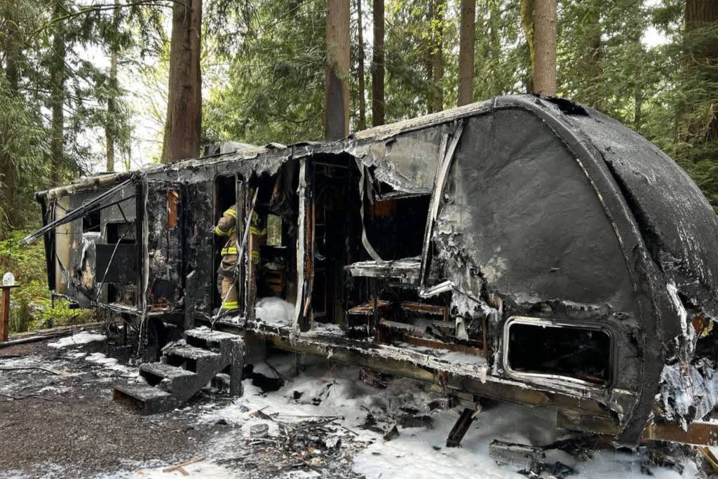 A fire and propane tank explosion left a travel trailer in total ruins at a campground near Lake Stevens on Tuesday, April 28, 2026. (Snohomish Regional Fire Rescue)