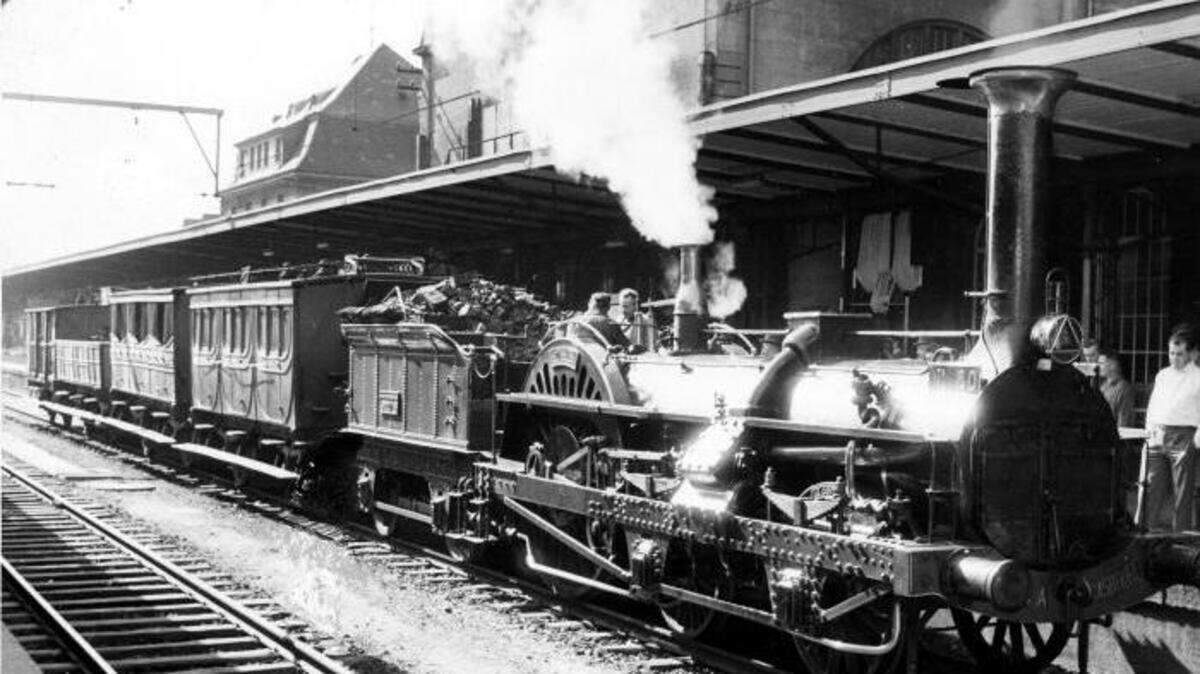 A locomotive of the type used in 1859, celebrating 100 years of rail travel, pictured at Luxembourg station in 1959