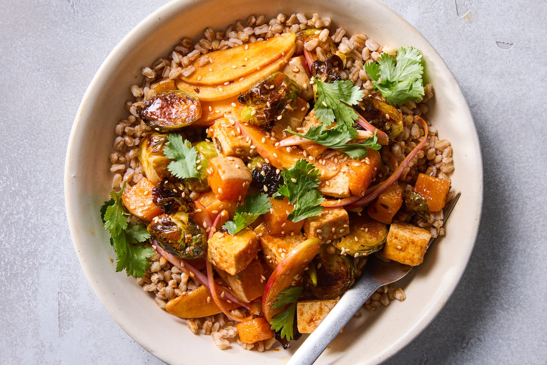 Gochujang tofu, squash and Brussels sprouts bowls